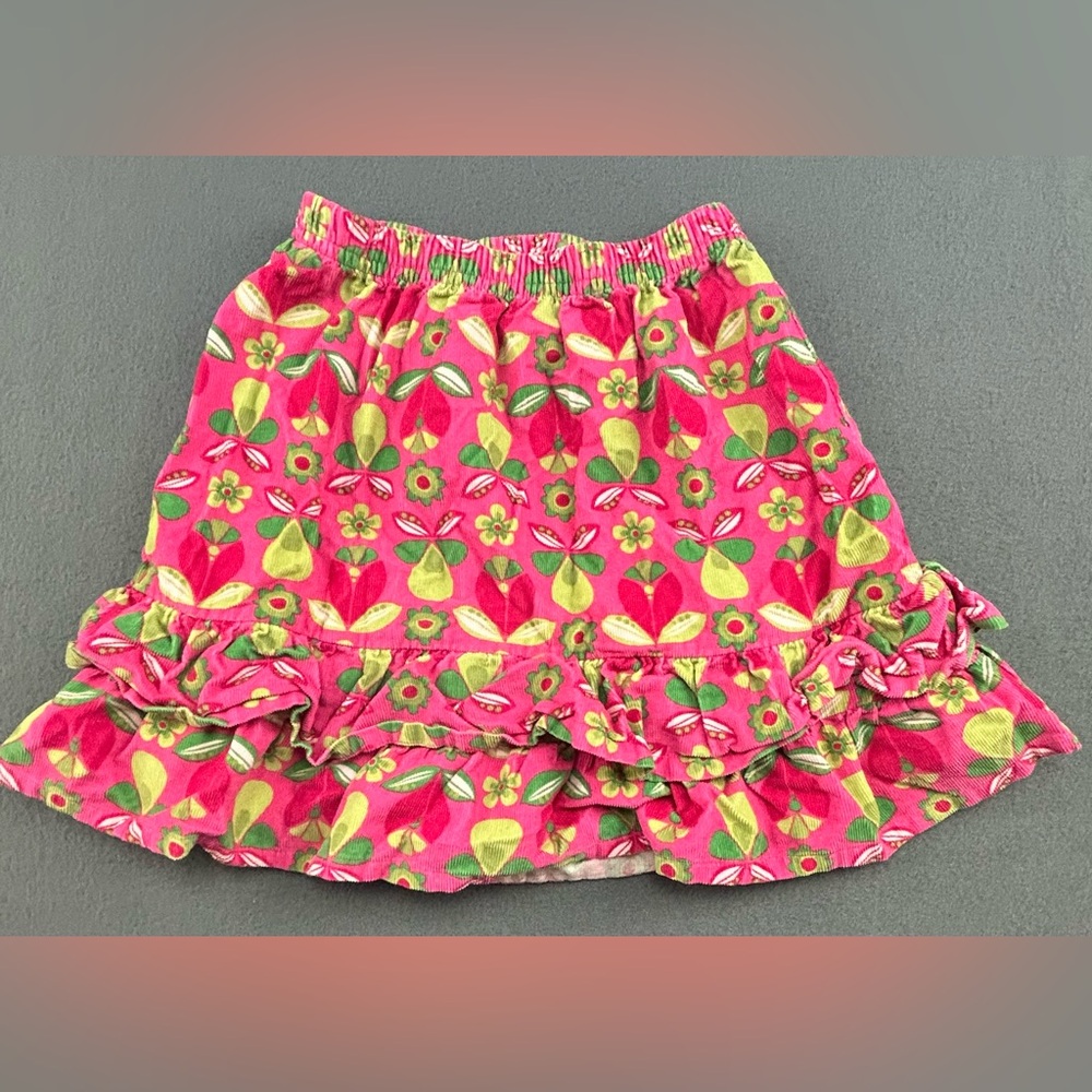 Hanna Andersson Pink Green Mod Floral Tiered Corduroy Skirt 110 US 5